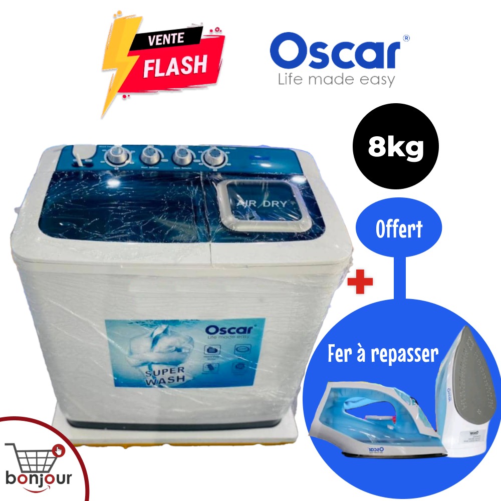 OSCAR 8kg Machine à laver semi automatique 3en1 +1 Fer à repasser Vapeur Offert- État Neuf 1an Garantie